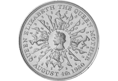 Issued in 1980 to commemorate the 80th birthday of the Queen Mother. Reverse design features her effigy surrounded by a radiating pattern of bows and Lions, along with the date of her 80th birthday.