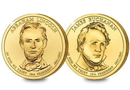 This set contains two Dollar Coins both minted in 2010 and featuring presidents James Buchanan and Abraham Lincoln. Each coin is plated in 24 Carat Gold.
