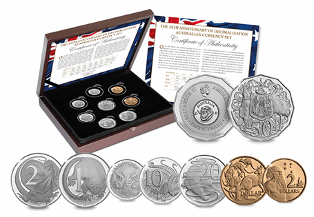 This exclusive limited edition Australian Set celebrates the 50th anniversary of Decimal Currency. The Set features 6 coins from the Royal Australian Mint and completed by 2 coins from the Perth Mint.