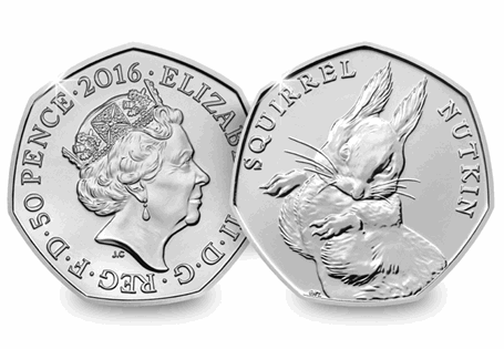 This is the highly anticipated Squirrel Nutkin 50p. This is the fifth coin in the Beatrix Potter 5 Coin series released in 2016.