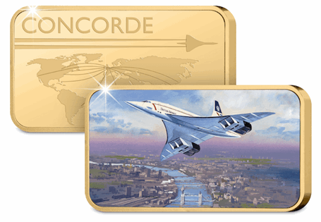 This rectangular gold plated commemorative features a full colour painting of Concorde soaring over London. With bespoke Concorde obverse. Struck to a proof like finish. 