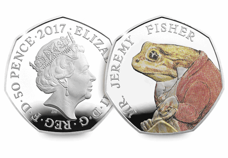 This UK 2017 Silver Proof Jeremy Fisher 50p has been issued by The Royal Mint. The reverse depicts Jeremy Fisher, the obverse features Queen Elizabeth II by Jody Clark. 