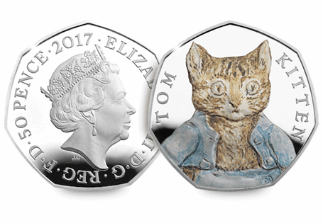 This UK 2017 Silver Proof Tom Kitten 50p has been issued by The Royal Mint. The reverse features Tom Kitten, the obverse depicts Queen Elizabeth II by Jody Clark. 