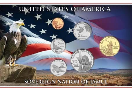 This 2015 Jamul Native American Set contains the $1, 50c, 25c, 10c, 5c and 1c, all struck from cupro-nickel. Comes in presentation pack to house the coins.