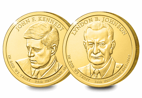 This set contains two Dollar Coins both minted in 2015 and featu ring presidents John F Kennedy and Lyndon B Johnson. Each coin is plated in 24 Carat Gold.
