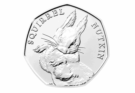 This 50p was released as part of a set paying tribute to the work of Beatrix Potter. This coin features the design by Emma Noble of Squirrel Nutkin.