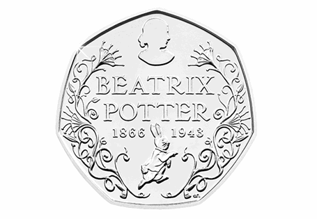 This 50p was released as part of a set paying tribute to the work of Beatrix Potter. This coin features the design by Emma Noble of Beatrix Potter.