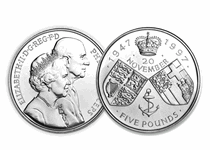 Struck in 1997 to commemorate the Queen and Prince Philip's Golden Wedding Anniversary. Obverse features the conjoined profiles of Elizabeth and Philip.