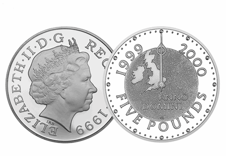 This coin was minted in both 1999 and 2000 to mark the Millennium. The reverse features a pair of clock hands pivoted on Greenwich and set at 12 o'clock, with both years either side.