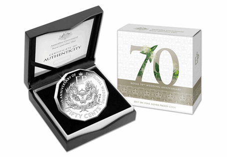 This Silver Proof 50 Cents has been issued by the Royal Australian Mint to celebrate HM The Queen and HRH Prince Philip's 70th Wedding Anniversary. The reverse displays wreaths of myrtle.