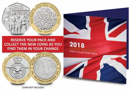 Pack has space to fit the four new coins that will be issued in 2018 - the Representation of the People's Act 50p, the RAF Centenary £2, the WWI Armistice £2, the Mary Shelley's Frankenstein £2.