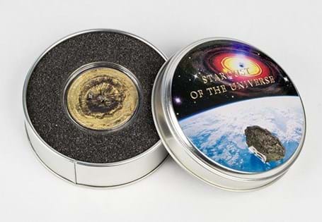 Using Smartminting technology, the next in the series of meteorite strike coins features a deep crater with a hole at the centre, representing where the Chergach meteorite hit the Sahara Desert. 