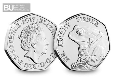 This Brilliant Uncirculated 50p features the design by Emma Noble of Mr. Jeremy Fisher. This 50p has been protectively encapsulated and certified as superior Brilliant Uncirculated quality.