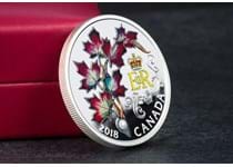 2018 Queen's Maple Leaves Brooch Royal Canadian Mint have replicated The Queens maple leaves brooch in exacting detail - enameled leaves edged with sparkle + Swarovski pearl crystal. 99.99% Silver