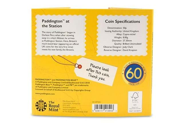 Uk 2018 Paddington Bear Station Cuni Bu 50P Coin In Royal Mint Pack Back