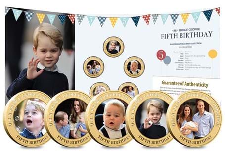 This coin set comprises 5 24ct gold-plated coins featuring photographic images of the young Prince through his 5 years. In bespoke themed coin presentation pack