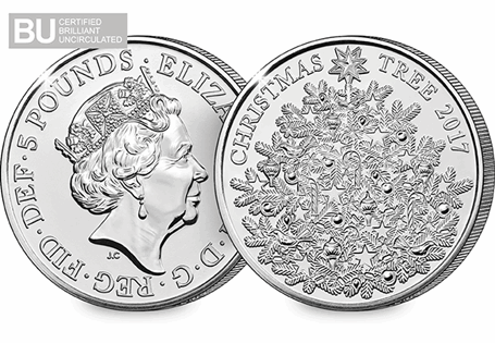 The Christmas Tree 2017 £5 Coin features an engraving by Edwina Ellis of a traditional Christmas tree on the reverse.