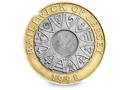 The 1998 Bailiwick of Jersey £2 features an ornate design with all 12 emblems of each of the Parishes in Jersey. This coin was issued as part of the £1 Parishes series. In circulation condition.