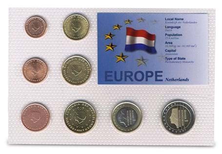 This Netherlands coin set features currency from the introduction of the EURO in 2002, protectively encapsulated within an information card.