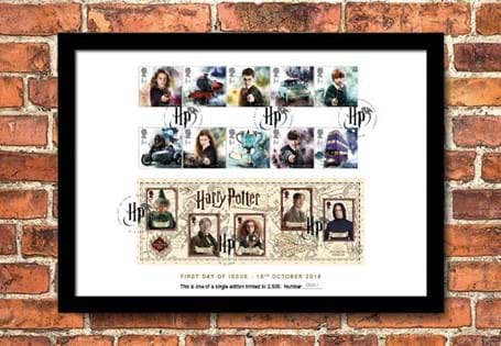 Presentation Frame featuring Royal Mail's brand new 2018 Harry Potter 10v stamps and Miniature Sheet. The stamps have been officially postmarked on the first day of issue: 16.10.2018. EL: 2,500