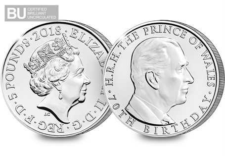 This £5 celebrates the 70th birthday of His Royal Highness Prince Charles of Wales. This coin has been struck to a superior brilliant uncirculated quality and then protectively encapsulated.