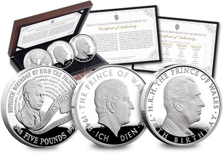 This Silver Proof Set celebrates the 70th Birthday of the Prince of Wales, by bringing together the crowns isssued to celebrate his 50th, 60th and 70th Birthdays each struck in .925 Silver. 