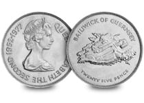 This coin was produced by Guernsey to celebrate the 1977 Silver Jubilee. It is a circulation coin.