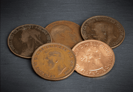 A complete collection of genuine British pennies - one from Queen Victoria, George V, Edward VII, George VI and Elizabeth II.