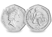 This 50p coin was issued in 1997 and was issued as a commemorative coin for the Tourist Trophy Motorcycle Races. The reverse featurestwo motorcyclists racing. 