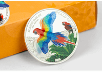 Third coin in the acclaimed World of Parrots Series. Features Scarlet Macaw with 3D minting technique. Struck from .925 Sterling Silver and comes in presentation box with certificate of authenticity.