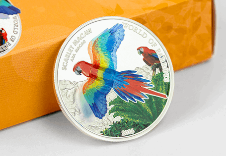 Third coin in the acclaimed World of Parrots Series. Features Scarlet Macaw with 3D minting technique. Struck from .925 Sterling Silver and comes in presentation box with certificate of authenticity.