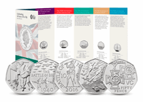 BU Pack issued by the Royal Mint to mark the 50th Anniversary of the 50p. Includes 5 Military themed 50ps struck in base metal to a BU finish, and come in official Royal Mint presentation pack.