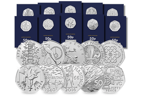 The 2019 50th Anniversary of the 50p CERTIFIED BU Complete Coin Set includes all ten brand new 50p coins that have been re-issued by The Royal Mint in 2019. 