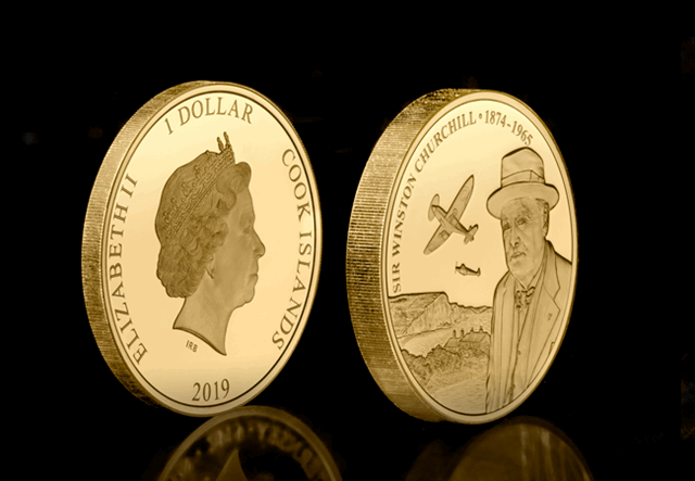 Winston Churchill Gold-Plated Piedfort Obverse and Reverse against Black Background