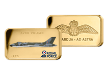 The Avro Vulcan Gold-Plated Ingot features a full colour image of the iconic aircraft. The reverse features an engraved RAF Wings logo with their motto. Your medal has been plated in 24 Carat Gold.