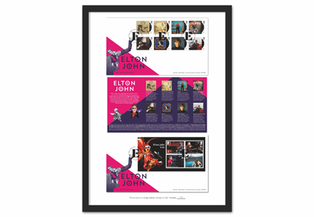 The Elton John Stamps Ultimate Edition features the brand new Royal Mail Elton John First Day of Issue Covers, in an A3 frame, ready for you to display on your wall. EL: 495. Postmark: 03.09.19.