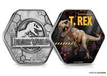 The Official Jurassic World T. Rex Medal is in the shape of DNA molecules and features a full colour image of a T. Rex dinosaur. The medal features the Official Jurassic World logo on the obverse.