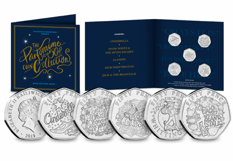 To celebrate Christmas 2019, a 50p coin collection has been issued depicting popular Christmas Pantomimes. These include, Cinderella, Snow White, Aladdin, Dick Whittington and Jack and the Bean Stalk.