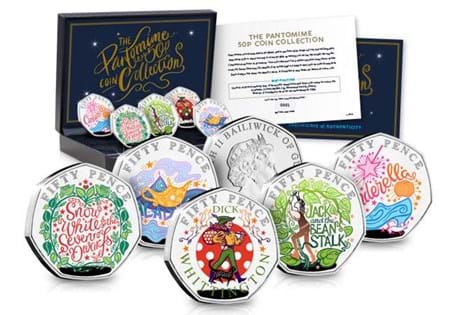 To celebrate Christmas 2019 a 50p coin collection has been issued depiciting popular Christmas Pantomimes. These include: Cinderella Snow White, Aladdin, Dick Whittington and Jack and the Bean Stalk.