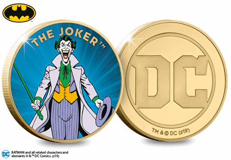 The Joker Gold-Plated Commemorative is officially licensed by DC. The reverse features a full colour image of the vintage super-villain The Joker and the obverse features the Official DC Comics logo.