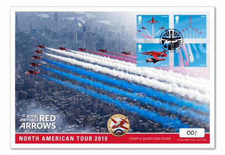 To celebrate the Red Arrows 2019 North American Tour, this cover features the Royal Mail Red Arrows stamps, and Jersey 2019 Red Arrows Silver Proof £2. Postmarked - 8.10.19. EL: 250.