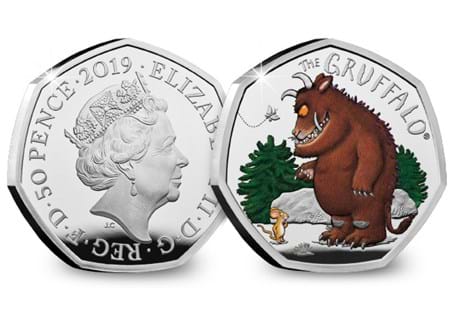 The Gruffalo & Mouse Silver Proof 50p coin marks the 20th anniversary of the publication of The Gruffalo. The reverse features a coloured image of the Gruffalo & Mouse. Presented in Royal Mint box.