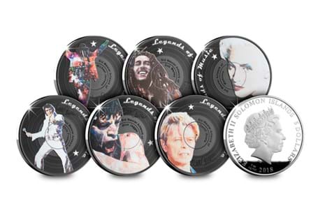 The Complete Legends of Music Silver Proof 1oz Proof Coin Collection features renowned artist Sid Maurer's portraits of David Bowie, Bob Marley, Elvis, Mick Jagger, Michael Jackson and Madonna.