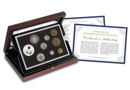 This set includes a Silver Proof 2019 £5 Remembrance Coin which has been set alongside a selection of coins from 1919, from Half Crown to Farthing. Comes in wooden box with COA.
