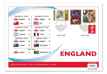 To celebrate England's amazing performance in the 2019 Rugby World Cup which got them to the final, this Tournament Cover features 3 Rugby stamps, including the FIRST EVER Rugby stamp.