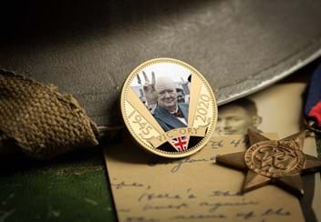 The VE Day 75th Anniversary Gold-Plated Coin reverse next to a medal