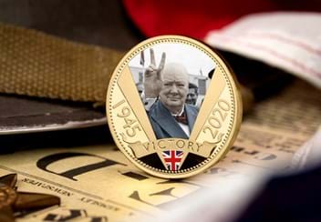 The VE Day 75th Anniversary Gold-Plated Coin reverse with colourful background