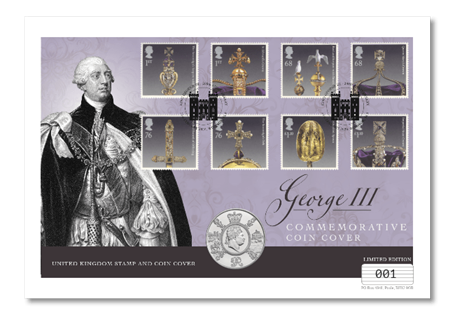 This cover comprises The Royal Mint's 2020 George III BU £5 Coin and Royal Mail's 2011 George III stamp and 1st Class Definitive. Postmarked on the 200th Anniversary of his death: 21.01.2020. EL: 250.