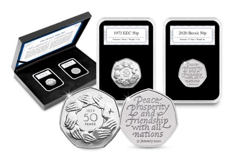 The 2020 Brexit 50p has been paired alongside an original 1973 Entry to the European Economic Community 50p commemorative coin. EL: 10,000.