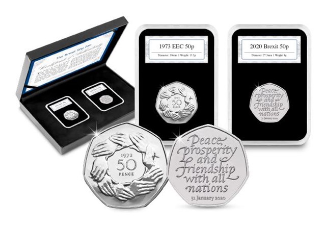 The Brexit 50p Pair Reverses in forefront with capsules and display box in the background